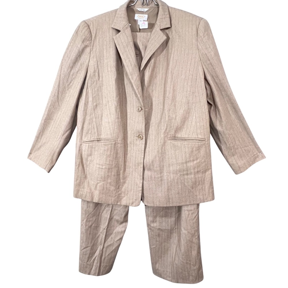 Talbots Woman Pant Suit Women 16W 18W Tan Pinstripe Italian Fabric Professional
